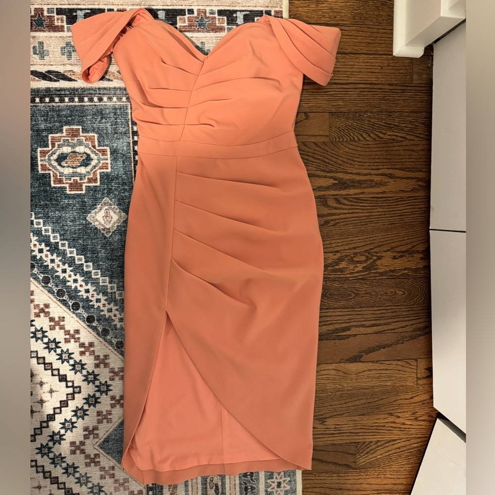 Lavish Alice Coral Off Shoulder Midi Dress - Spring and Summer Cocktail Dress